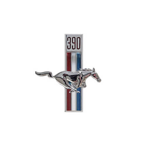 Scott Drake Classic Emblem, Passenger Side Fender, Chrome/Red/White/Blue, 390 Running Horse Logo, For Ford, Each