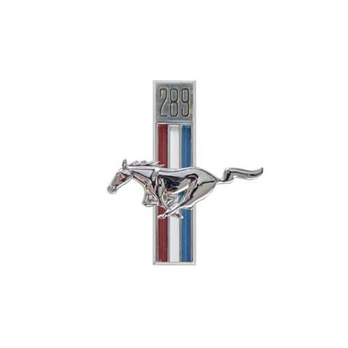 Scott Drake Classic Emblem, Driver Side Fender, Chrome/Red/White/Blue, Running Horse Logo, For Ford, Each