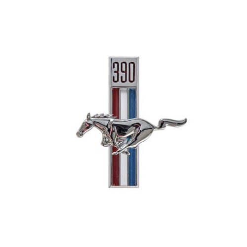 Scott Drake Classic Emblem, Driver Side Fender, Chrome/Red/White/Blue, 390 Running Horse Logo, For Ford, Each