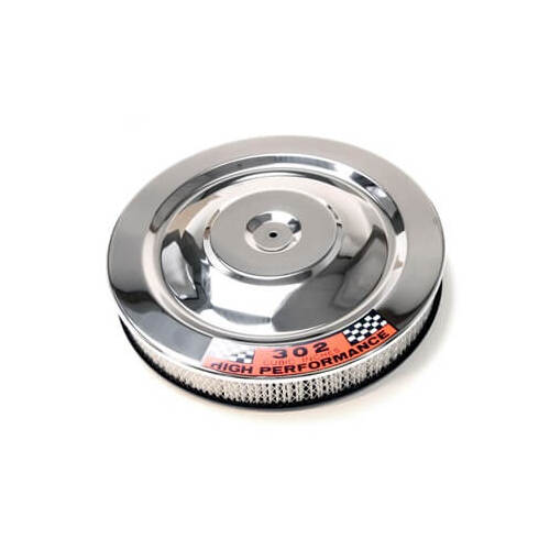 Scott Drake Classic Air Cleaner, Round, Flat Base, Chrome Top, 302 Cubic Inches High Performance Top Design, 14 in. Diameter, For Ford, Each