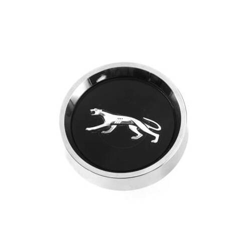 Scott Drake Classic Center Cap, Styled, Flat, Bolt-on, Steel, Chrome, Cougar Black Logo, Each