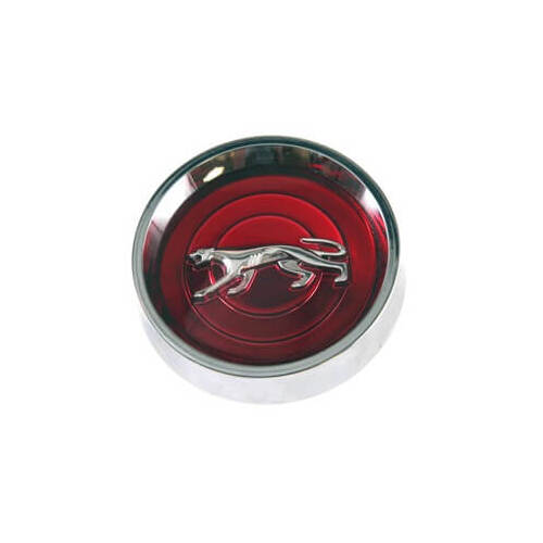 Scott Drake Classic Center Cap, Styled, Flat, Bolt-on, Steel, Chrome, Cougar Red Logo, Each