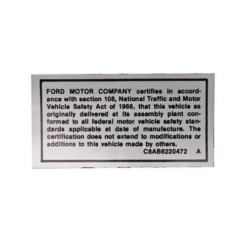 Scott Drake Classic Decal, Vehicle Information Label, Saftey Act, Each