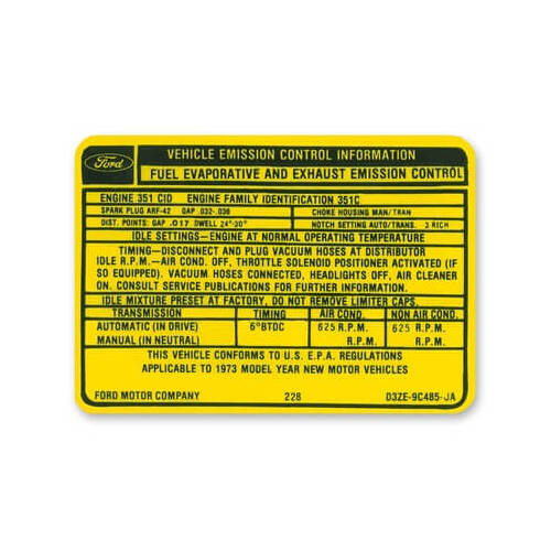 Scott Drake Classic Decal, Vehicle Information Label, 351C-2V Auto Transmission Emission, Each