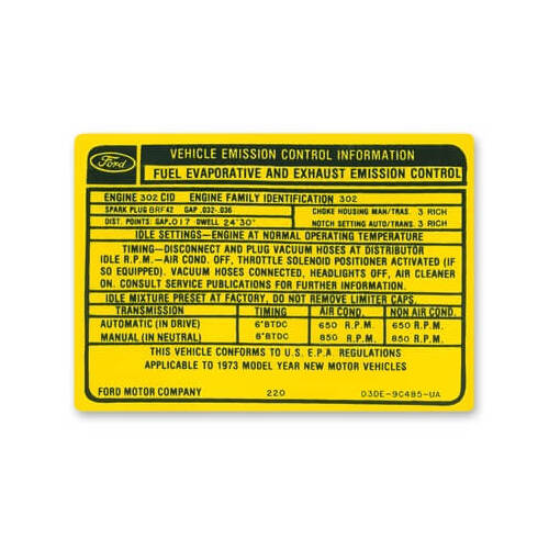 Scott Drake Classic Decal, Vehicle Information Label, 302-2V Auto/Manual Transmission Emission, Each