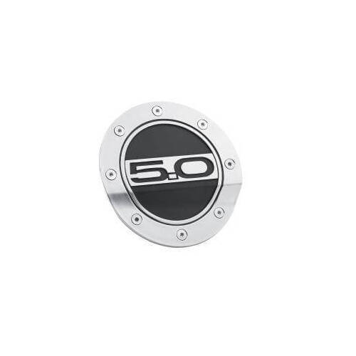 Drake Muscle Cars Fuel Door, 2015-2021 For Ford Mustang, Silver / Satin Black, Plastic, 5.0 Logo, Each