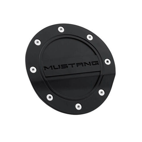 Drake Muscle Cars Fuel Door, 2015-2019 For Ford Mustang, Satin Black, Plastic, Mustang Logo, Each