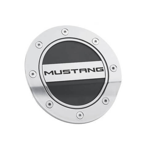 Drake Muscle Cars Fuel Door, 2015-2019 For Ford Mustang, Silver / Satin Black, Plastic, Mustang Logo, Each