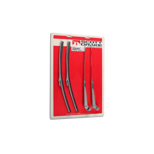 Scott Drake Classic Windshield Wiper Arms, Stainless Steel, Polished, Black Rubber Blades, Front, For Ford, Kit