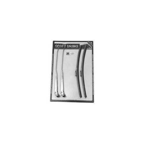 Scott Drake Classic Windshield Wiper Arms, Front, Stainless Steel, Polished, Black Rubber Wiper Blades, For Ford, Kit