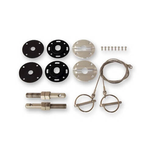 Scott Drake Classic Hood Pins, Torsion Pin Style, Aluminum, Polished, Scuff Plate, Lanyards, For Ford, Kit