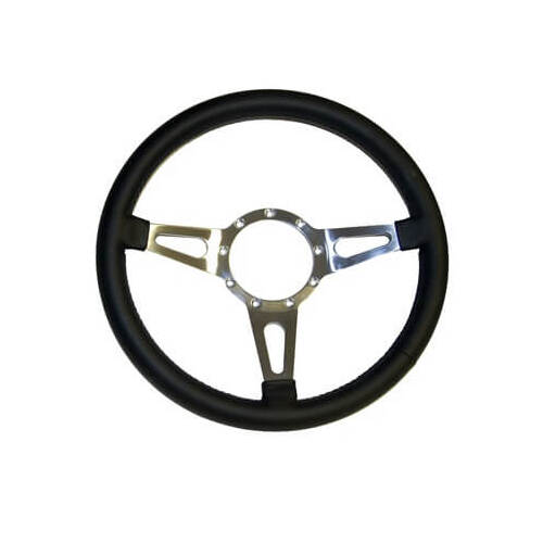 Scott Drake Classic Steering Wheel, Corso Feroce, 3-Spoke, Aluminum, Natural, Black Leather Grip, 15 in. Dia., For Ford, 9-Bolt, Each