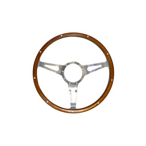 Scott Drake Classic Steering Wheel, Corso Feroce, 3-Spoke, Wood Grip, Mahogany, Aluminum Spokes, 14 in. Dia, 9-Bolt, For Ford