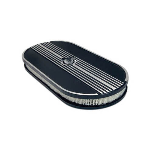 Scott Drake Classic Air Cleaner, Oval, Flat Base, Black Aluminum Top, Ribbed Design, White Paper Filter, Single 4-barrel, Each