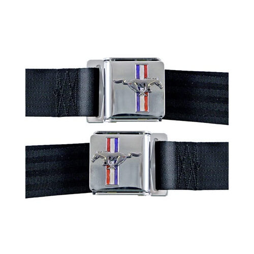 Scott Drake Classic Seat Belt, Nylon, Latch Style, 2-Point, w/ Mustang Emblem, Saddle, Set