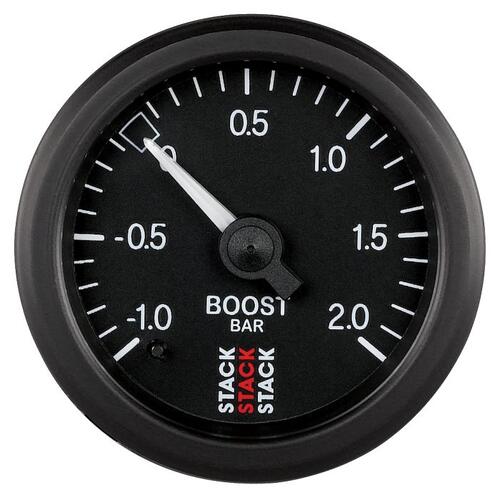 Autometer Gauge, Boost Press, Mech, 52Mm, Black, -1 To +2 Bar, T-Fitting 0.187" Barb (M), Stack Inst