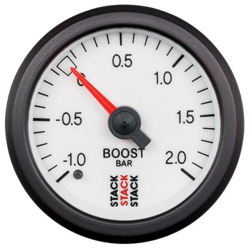Autometer Gauge, Boost Press, Mech, 52Mm, White, -1 To +2 Bar, T-Fitting 0.187" Barb (M), Stack Inst