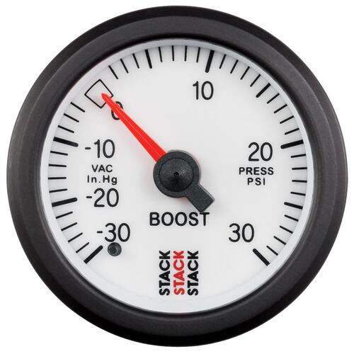 Autometer Gauge, Boost Press, Mech, 52Mm, White, -30Inhg To +30Psi, Incl T-Fitting, Stack Instrument