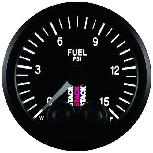 Autometer Gauge, Fuel Press, Pro-Control, 52Mm, Blk, 0-15Psi, 1/8" Nptf Male, Stack Instruments