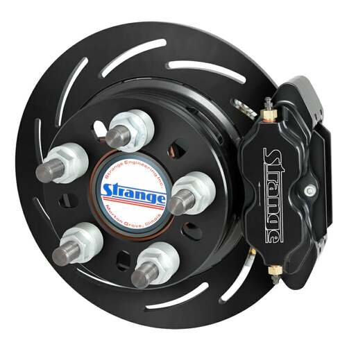 Strange ,Disc Brakes, Pro Race Steel, Rear, Slotted Surface Rotors, 4-piston Black Calipers, Chevy, GM 8.5 in., Kit