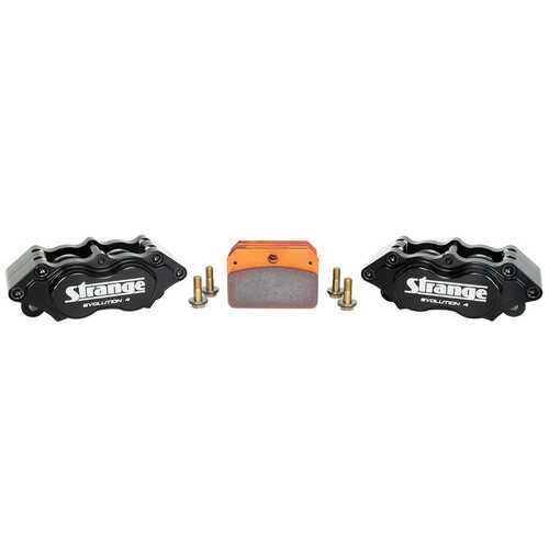 Strange Black Four Piston Billet Calipers With Hard Pads, Pair