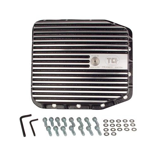 TCI Automatic Transmission Pan, Premium, Deep, Aluminum, Black/Polished Fins, For Ford, AODE, 4R70W, Kit