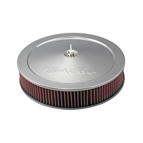 Trick Flow Air Filter Assembly, 14 in. Diameter, Round, Steel, Chrome, Dropped Base, 3 in. Filter, ® Logo, Each