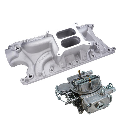 VPW Intake Manifold & Carburettor Kit, Silver Series Proflow Air Dual Intake , Quick Fuel 600 CFM Vac ,Electric Choke Carbutetor, SB For Ford 289,302W