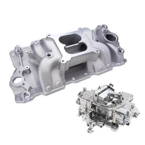 VPW Intake Manifold & Carburettor Kit Silver Series RPM AirMax, Dual Plane, Street Brawler 750 Vac, Electric Choke,Carbutetor, SB Chev, Each