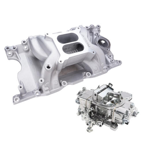 VPW Intake Manifold & Carburettor Kit Silver Series RPM AirMax, Dual Plane, Street Brawler 750 Vac, Electric Choke,Carbutetor, SB For Chrysler