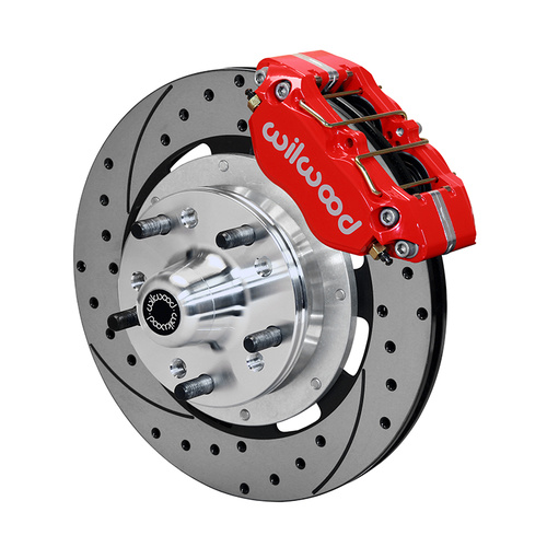 Wilwood Disc Brakes, DynoPro Dust-Boot Pro Series, Front, 12'' Cross-drilled/Slotted Rotors, Red 4-piston Calipers, Chev, Kit