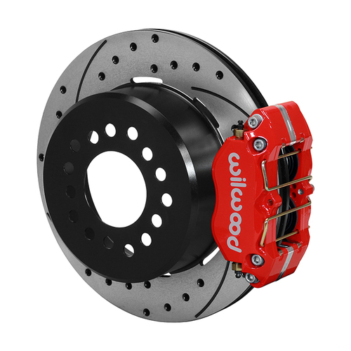 Wilwood Disc Brake Kit Rear, DynaPro Dust-Boot Caliper, Rear Parking Brake, 12'' Cross-drilled/Slotted Rotors, Red Calipers, Small Ford, Kit