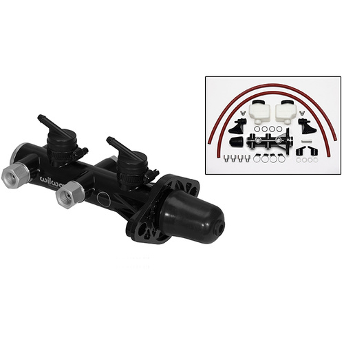 Wilwood Master Cylinder, Remote Tandem, 1-1/8 in. Bore, Tandem Outlet, Aluminum / Plastic, Black E-coat, 7.16 in. Length, Kit