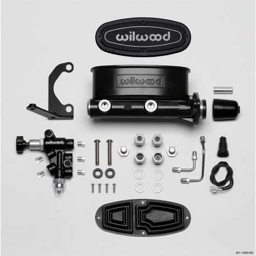 Wilwood Master Cylinder, Alum Tandem, w/ Bracket and Valve, 1.00 in. Bore, Tandem Outlet, Alum, Black E-coat, 8.76 in. Length, Kit