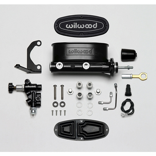 Wilwood Master Cylinder, Alum Tandem, w/ Bracket and Valve (Mustang), 15/16 in. Bore, Tandem Outlet, Alum, Black E-coat, 13.65 in. Length, Kit