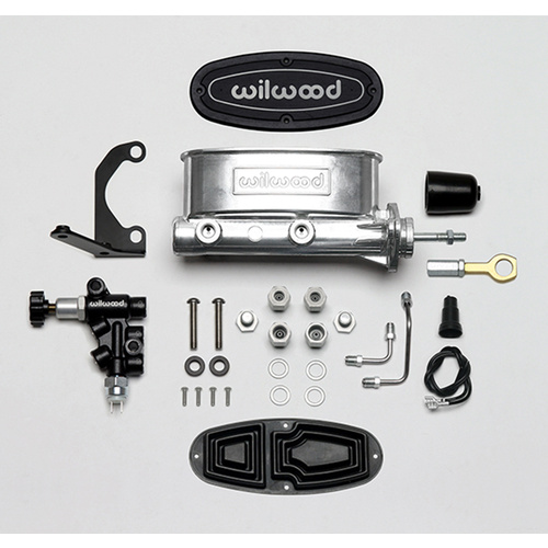 Wilwood Master Cylinder, Alum Tandem, w/ Bracket and Valve (Mustang), 15/16 in. Bore, Tandem Outlet, Alum, Media Burnished, 13.65 in. Length, Kit