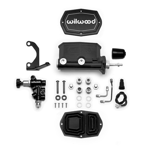 Wilwood Master Cylinder, Tandem, w/ Bracket and Valve (Pushrod), 7/8 in. Bore, Tandem Outlet, Alum, Black E-coat, 10.93 in. Length, Kit