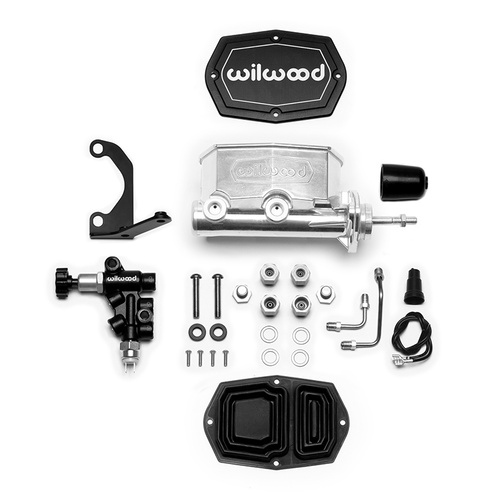 Wilwood Master Cylinder, Tandem, w/ Bracket and Valve (Pushrod), 7/8 in. Bore, Tandem Outlet, Alum, Media Burnished, 10.93 in. Length, Kit