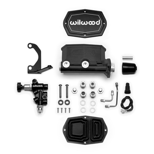 Wilwood Master Cylinder, Tandem, w/ Bracket and Valve, 1.00 in. Bore, Tandem Outlet, Alum, Black E-coat, 7.16 in. Length, Kit