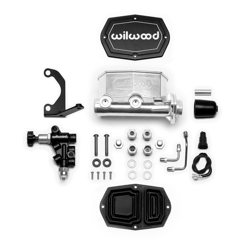 Wilwood Master Cylinder, Tandem, w/ Bracket and Valve, 1-1/8 in. Bore, Tandem Outlet, Alum, Media Burnished, 7.16 in. Length, Kit