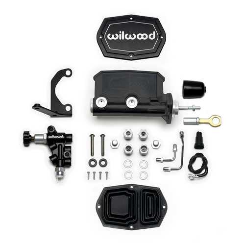 Wilwood Master Cylinder, Tandem, w/ Bracket and Valve (Mustang), 7/8 in. Bore, Tandem Outlet, Alum, Black E-coat, 12.32 in. Length, Kit