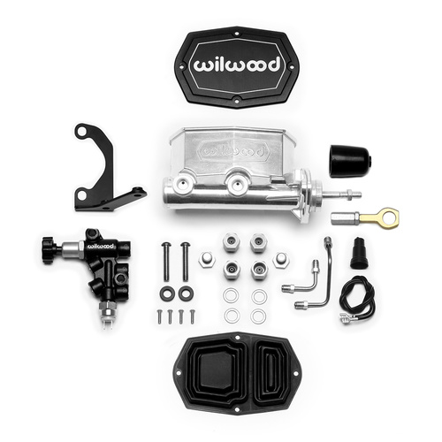 Wilwood Master Cylinder, Tandem, w/ Bracket and Valve (Mustang), 7/8 in. Bore, Tandem Outlet, Alum, Media Burnished, 12.32 in. Length, Kit