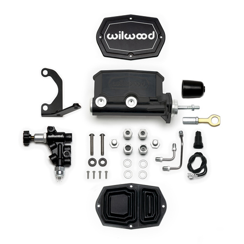 Wilwood Master Cylinder, Tandem, w/ Bracket and Valve (Mustang), 15/16 in. Bore, Tandem Outlet, Alum, Black E-coat, 12.32 in. Length, Kit