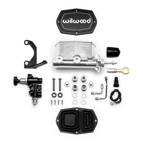 Wilwood Master Cylinder, Tandem, w/ Bracket and Valve (Mustang), 15/16 in. Bore, Tandem Outlet, Alum, Media Burnished, 12.32 in. Length, Kit