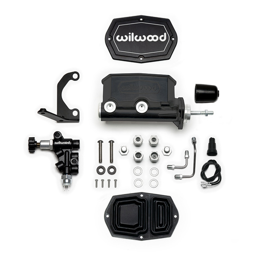 Wilwood Master Cylinder, Tandem, w/RH Bracket and Valve (Pushrod), 7/8 in. Bore, Tandem Outlet, Alum, Black E-coat, 10.93 in. Length, Kit