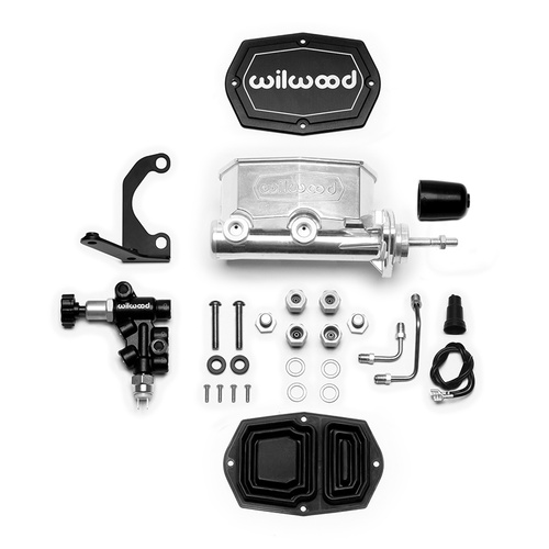 Wilwood Master Cylinder, Tandem, w/RH Bracket and Valve (Pushrod), 15/16 in. Bore, Tandem Outlet, Alum, Media Burnished, 10.93 in. Length, Kit