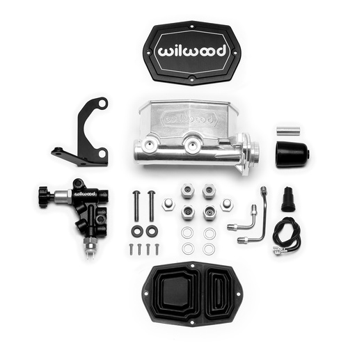 Wilwood Master Cylinder, Tandem, w/ RH Bracket and Valve, 1.00 in. Bore, Tandem Outlet, Alum, Media Burnished, 7.16 in. Length, Kit