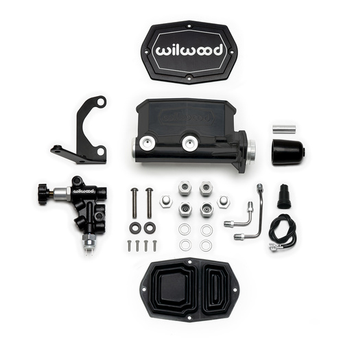 Wilwood Master Cylinder, Tandem, w/ RH Bracket and Valve, 1-1/8 in. Bore, Tandem Outlet, Alum, Black E-coat, 7.16 in. Length, Kit