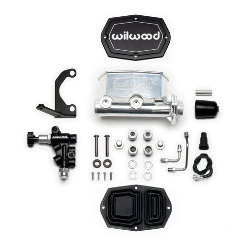 Wilwood Master Cylinder, Tandem, w/ RH Bracket and Valve, 1-1/8 in. Bore, Tandem Outlet, Alum, Media Burnished, 7.16 in. Length, Kit