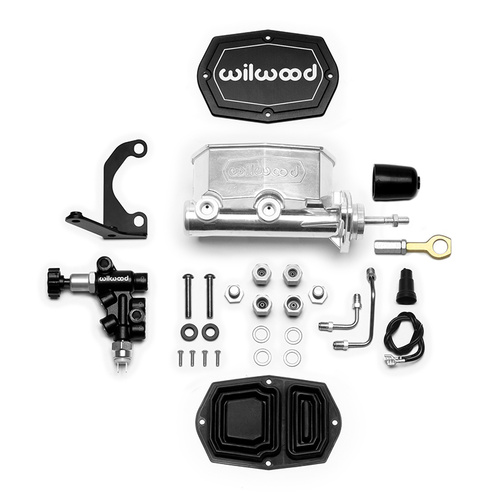 Wilwood Master Cylinder, Tandem, w/RH Bracket and Valve (Mustang), 7/8 in. Bore, Tandem Outlet, Alum, Media Burnished, 12.32 in. Length, Kit